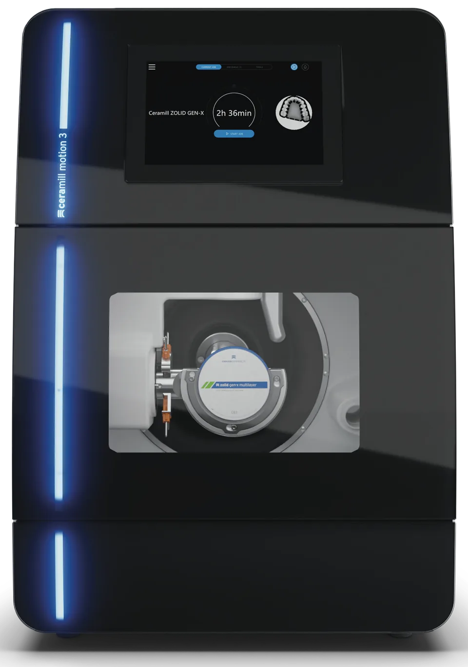 Fresadora Ceramill Motion 3, negra con franjas de luz azul