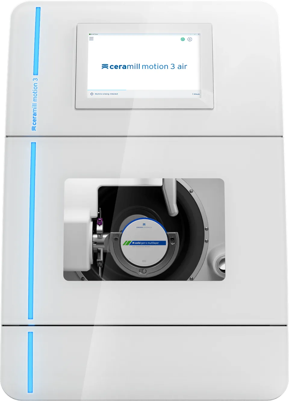Fresadora Ceramill Motion 3 Air, blanca con franjas de luz azul