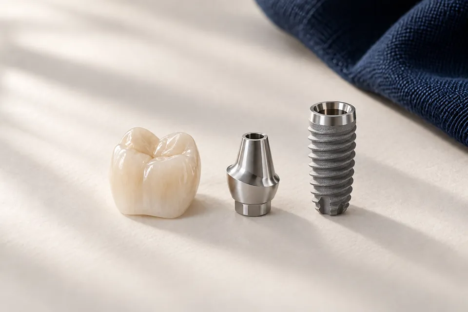 Corona de zirconia junto a su pilar y un implante de titanio